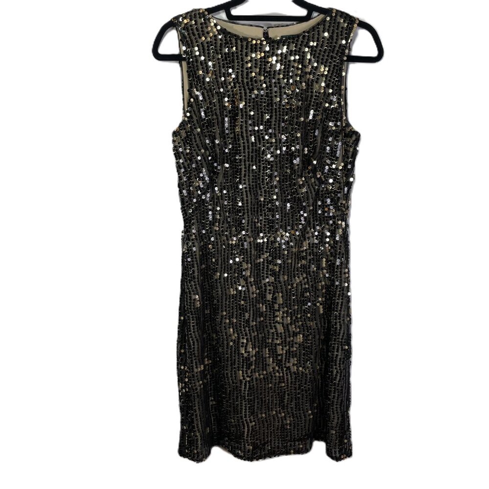 Lauren Ralph Sequins Evening Cocktail Dress Sleeveless Black Tan Gold Size 8 - Picture 7 of 16